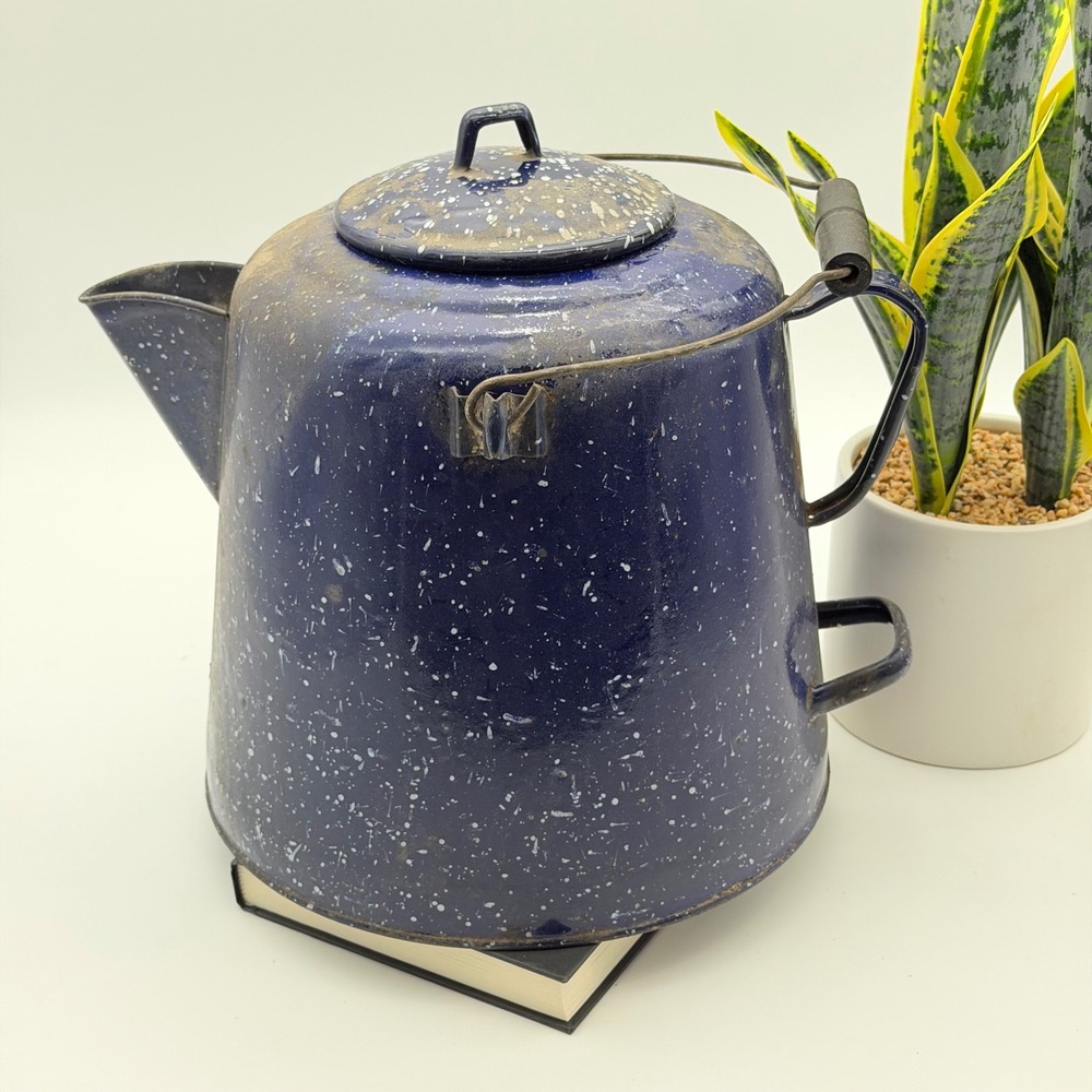 Large Vintage Blue Graniteware Speckled Enamelware Coffee Pot Cowboy Kettle